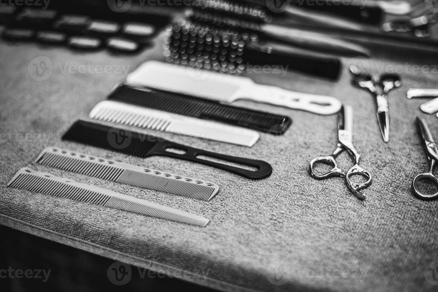 accessories for haircuts are on the shelf in the salon photo