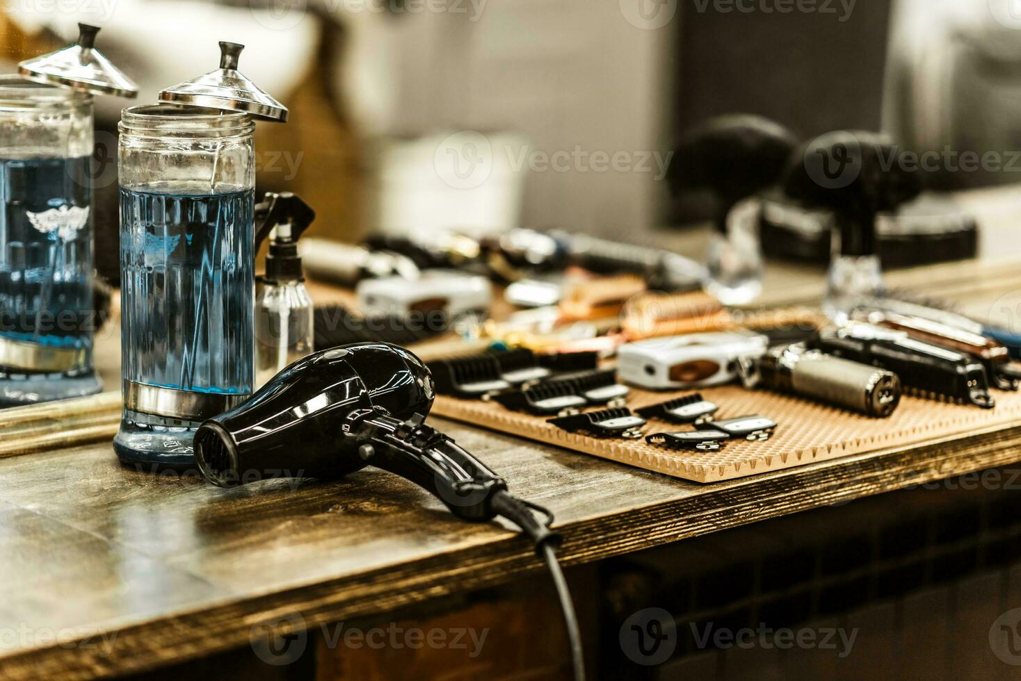 accessories for haircuts are on the shelf in the salon photo