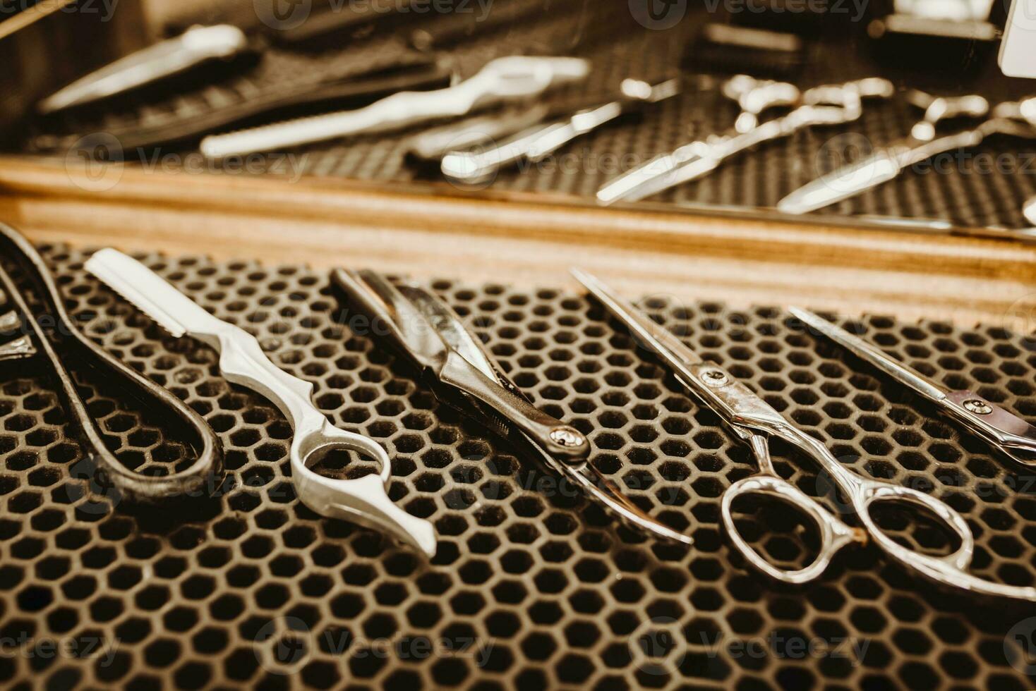 accessories for haircuts are on the shelf in the salon photo