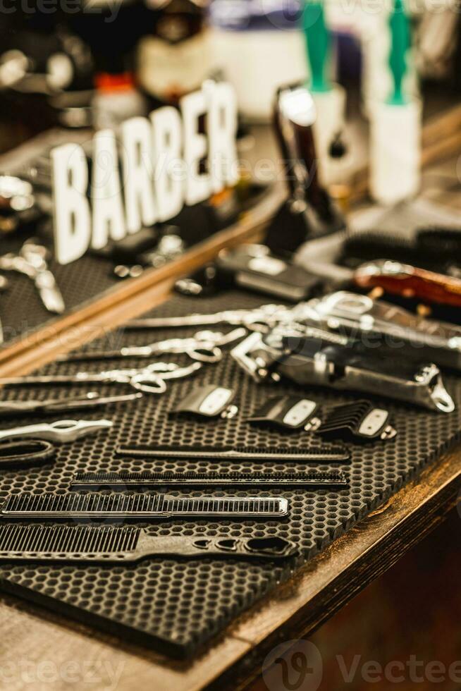 accessories for haircuts are on the shelf in the salon photo