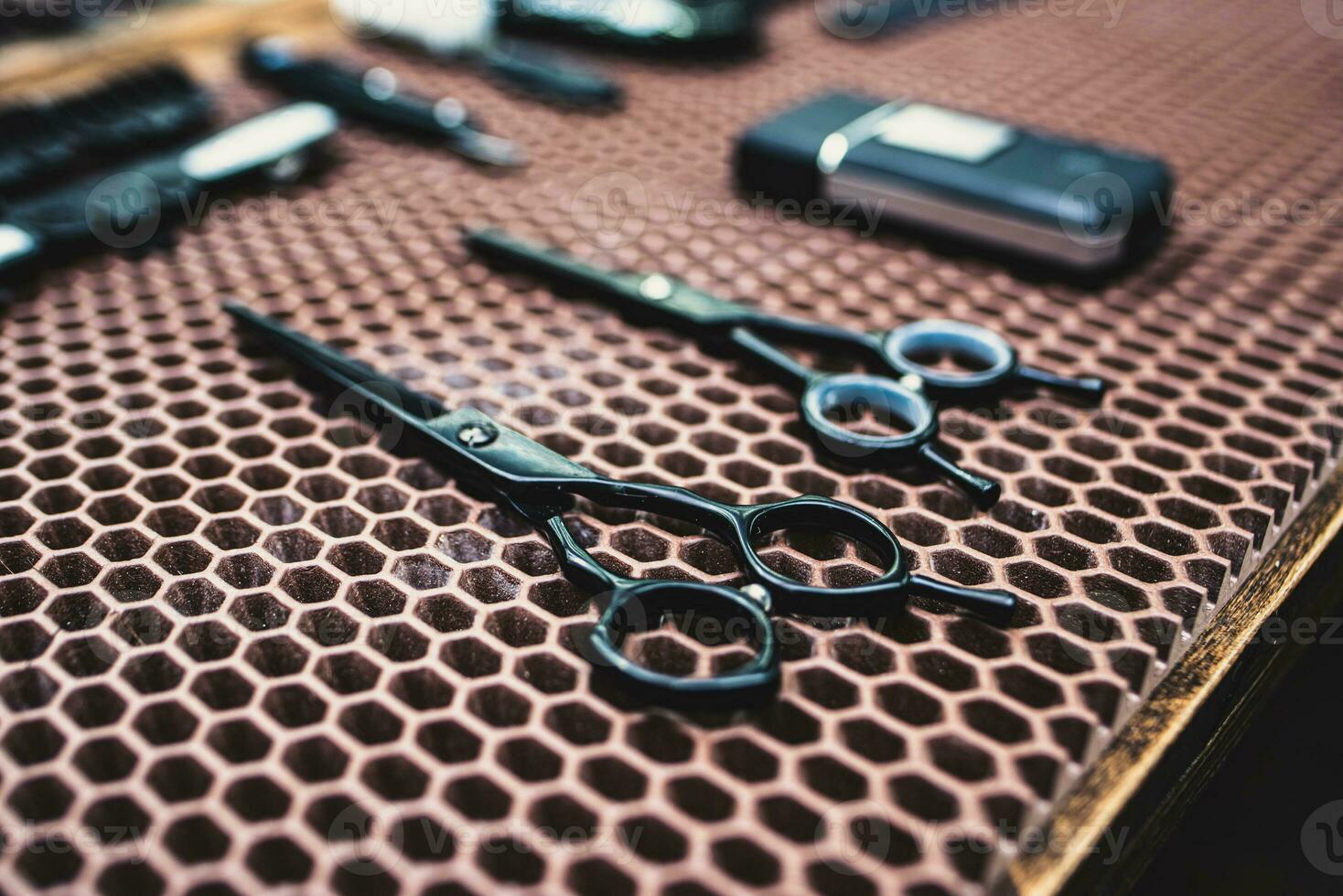 accessories for haircuts are on the shelf in the salon photo