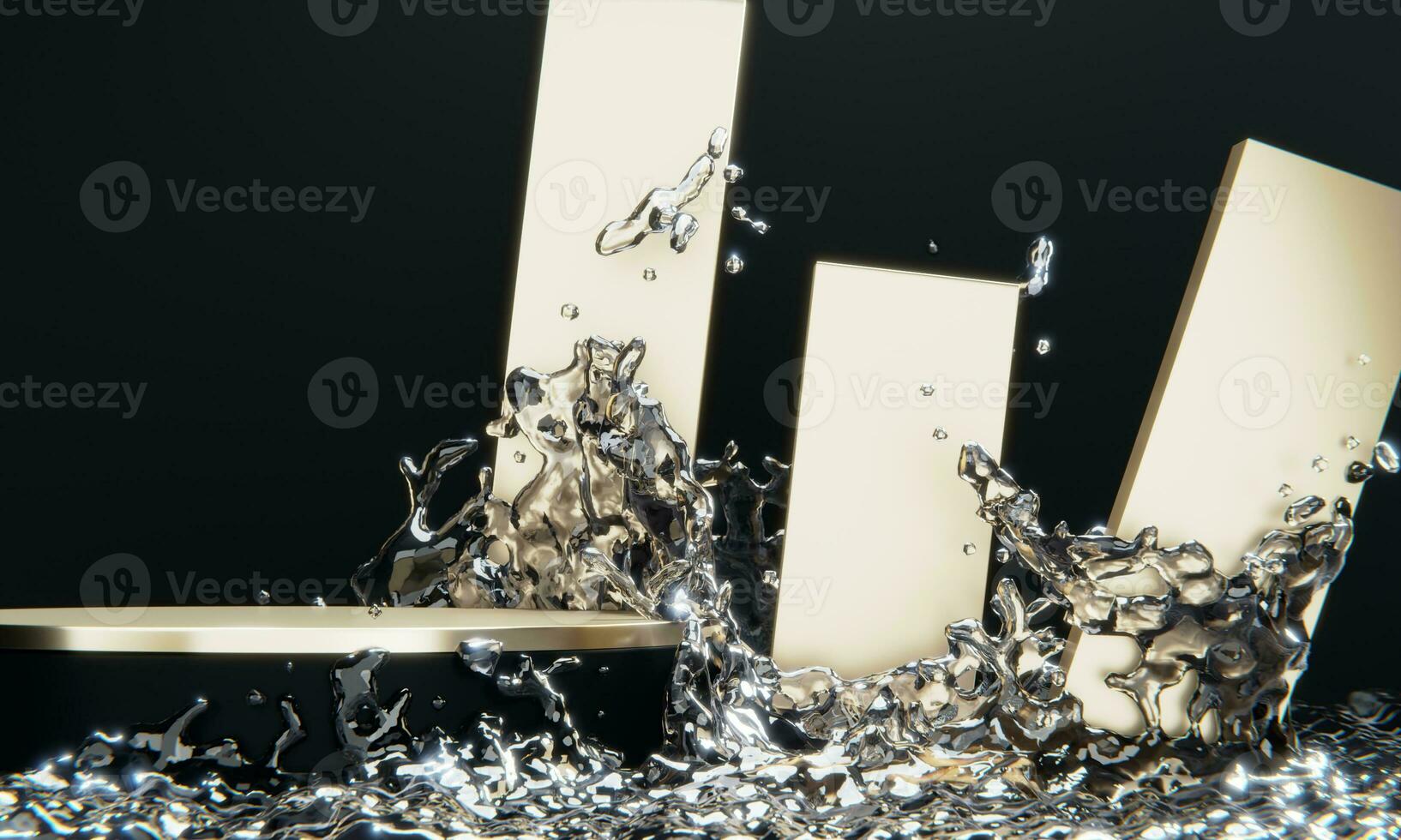 negro podio y agua salpicaduras en blanco fondo.3d representación foto