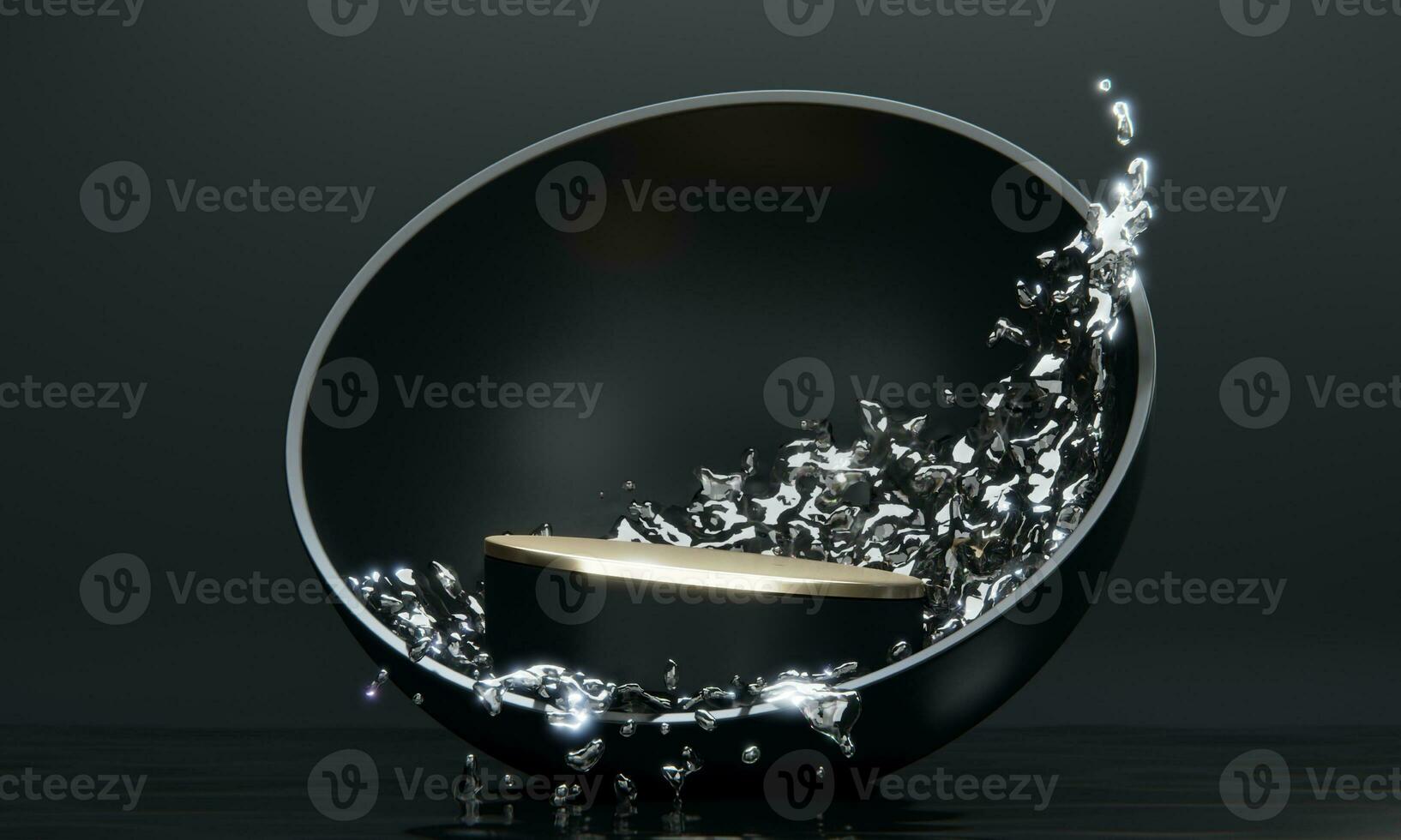 black podium and water splashing on white background.3D rendering photo