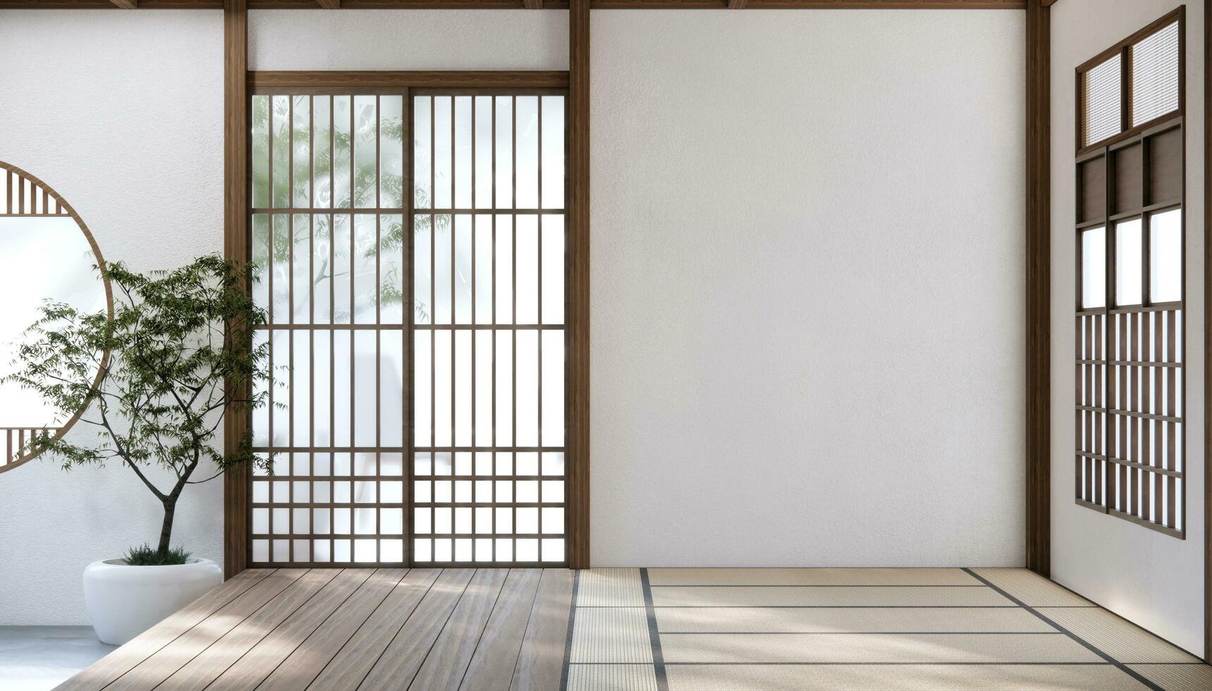 Japan style empty room decorated with white wall and wood slat wall photo