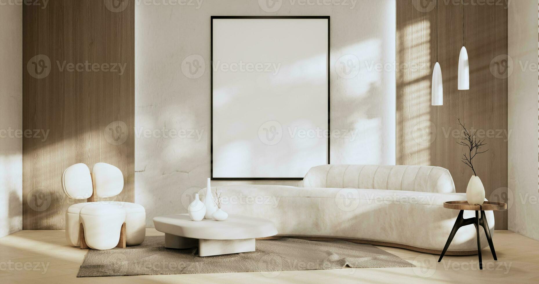 sofa and decoration japanese on Modern room interior wabisabi style.3D rendering photo