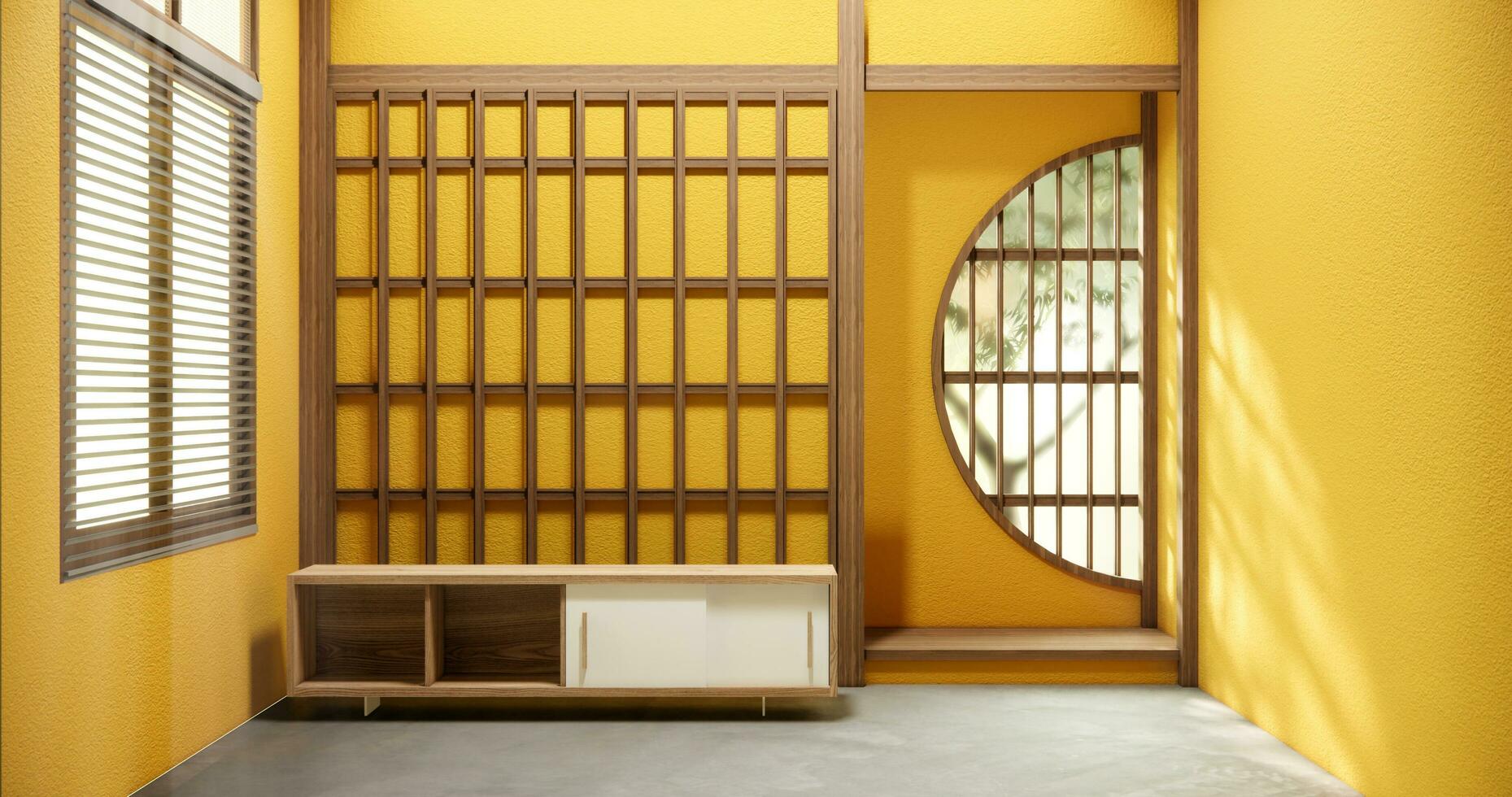 Mueble de tv en habitación vacía moderna japonesa - estilo zen, diseños minimalistas. Representación 3d foto