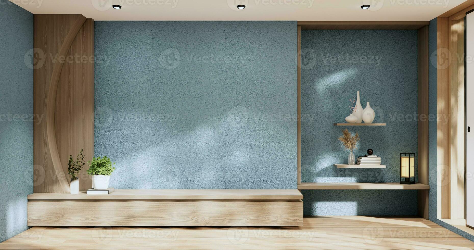gabinete en moderno zen vivo habitación en ligero azul pared fondo, 3d representación foto