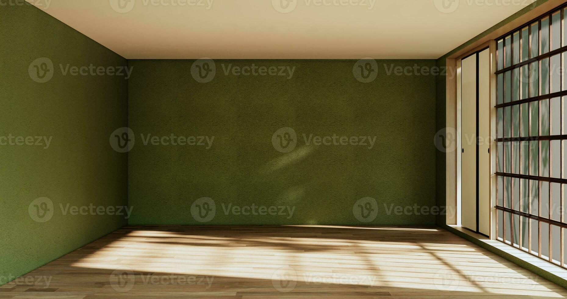 Empty room - green wall on wood floor interior and decorations plants. 3D rendering photo