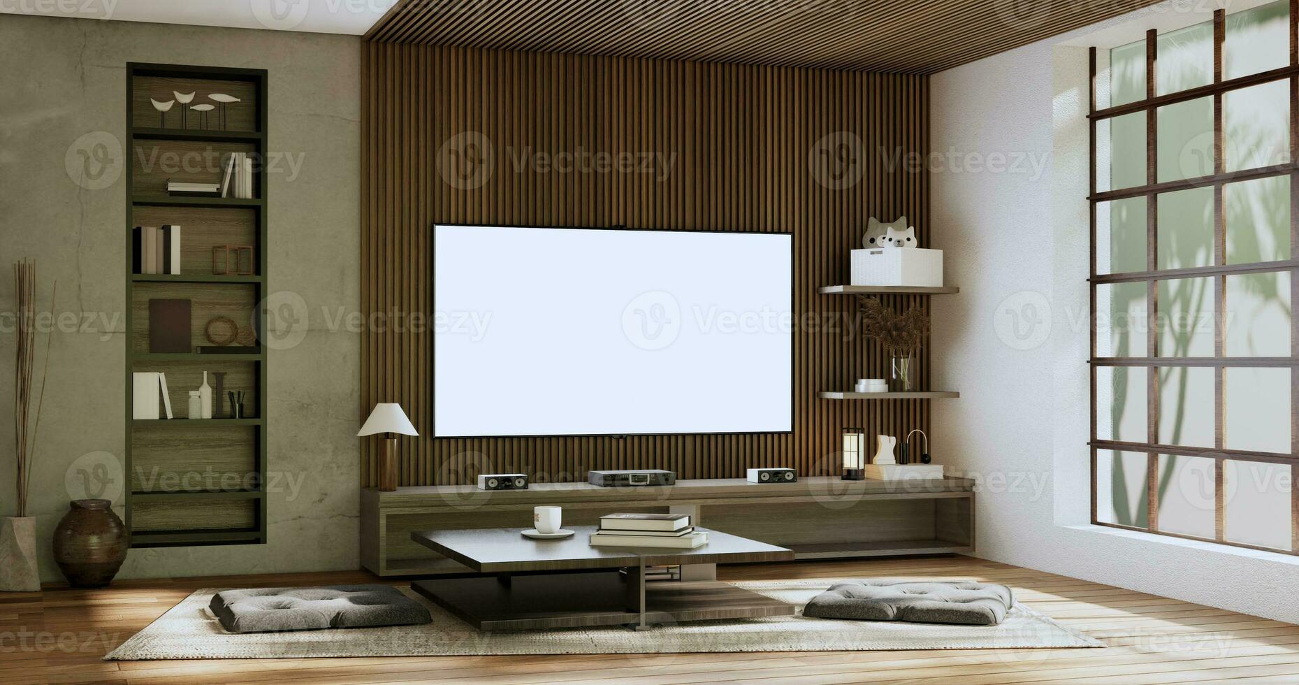 cabinet tv wooden japanese design on room minimal interior.3D rendering photo
