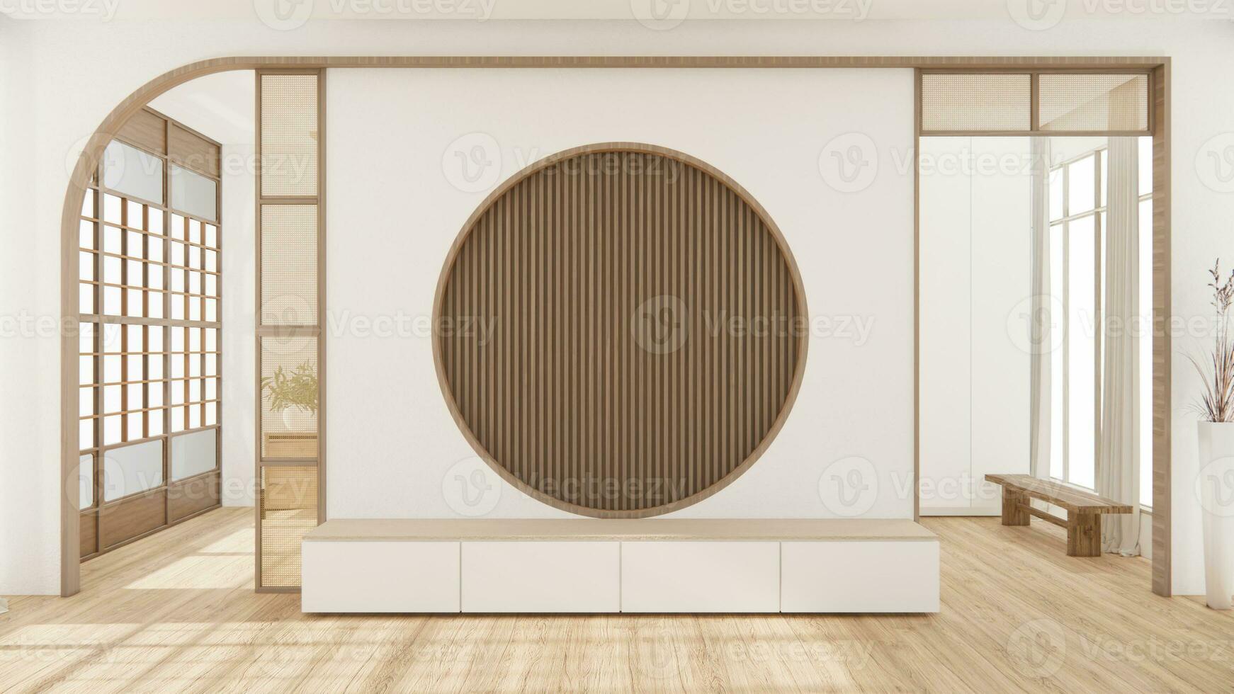 Living room, cabinet Tv minimalist design muji style.3D rendering photo