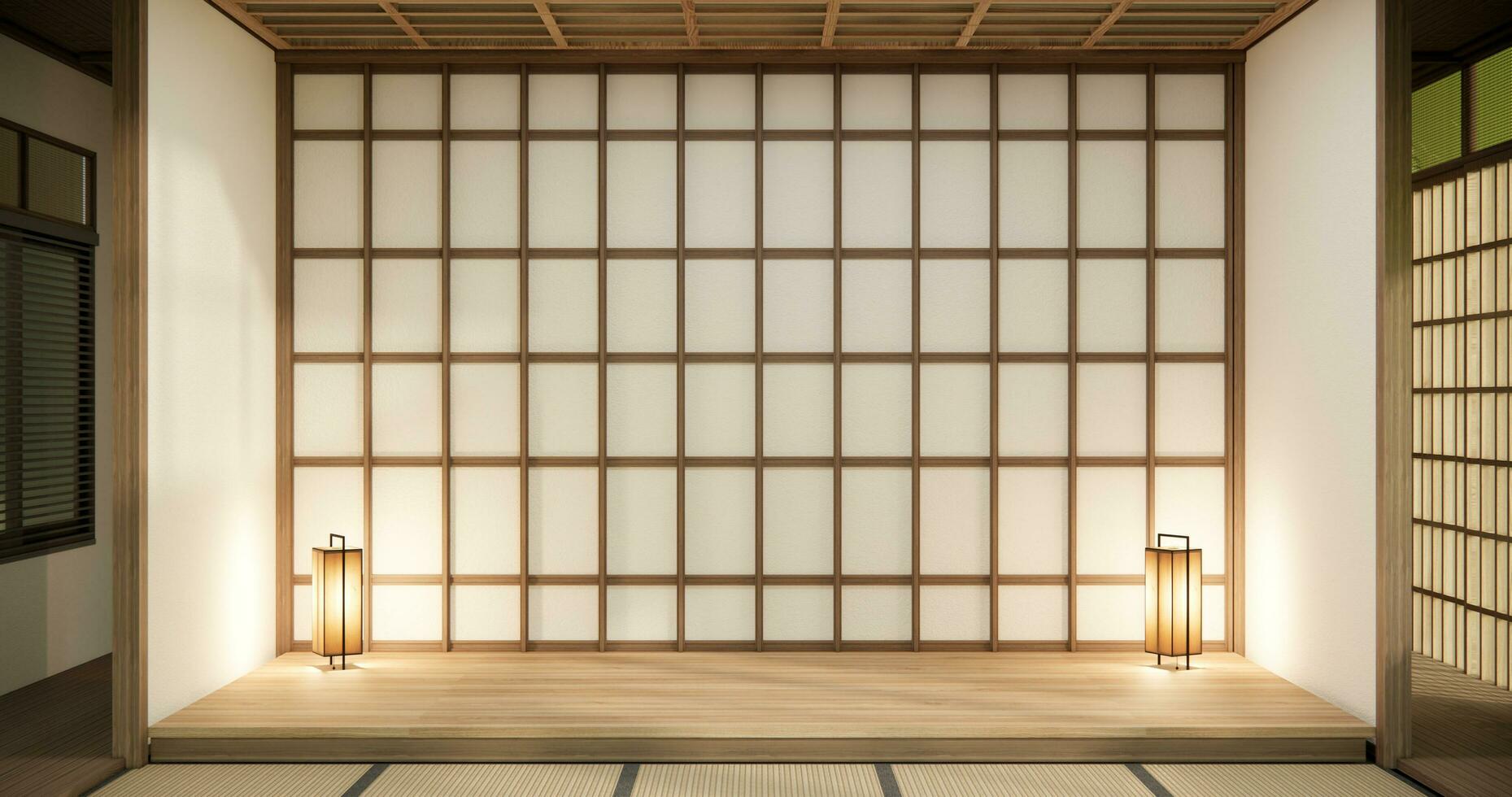 Interior, Empty room and tatami mat floor room japanese style. photo