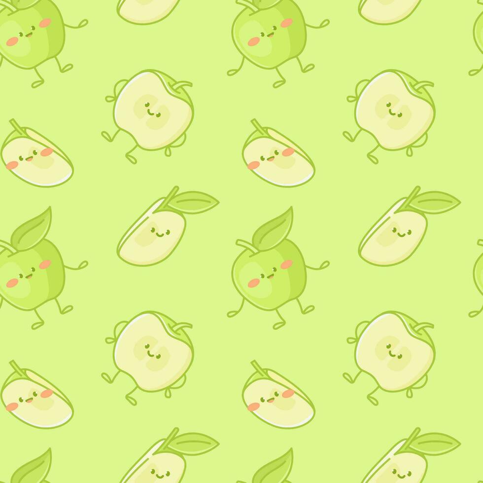 Green apple characters seamless pattern for children. vector