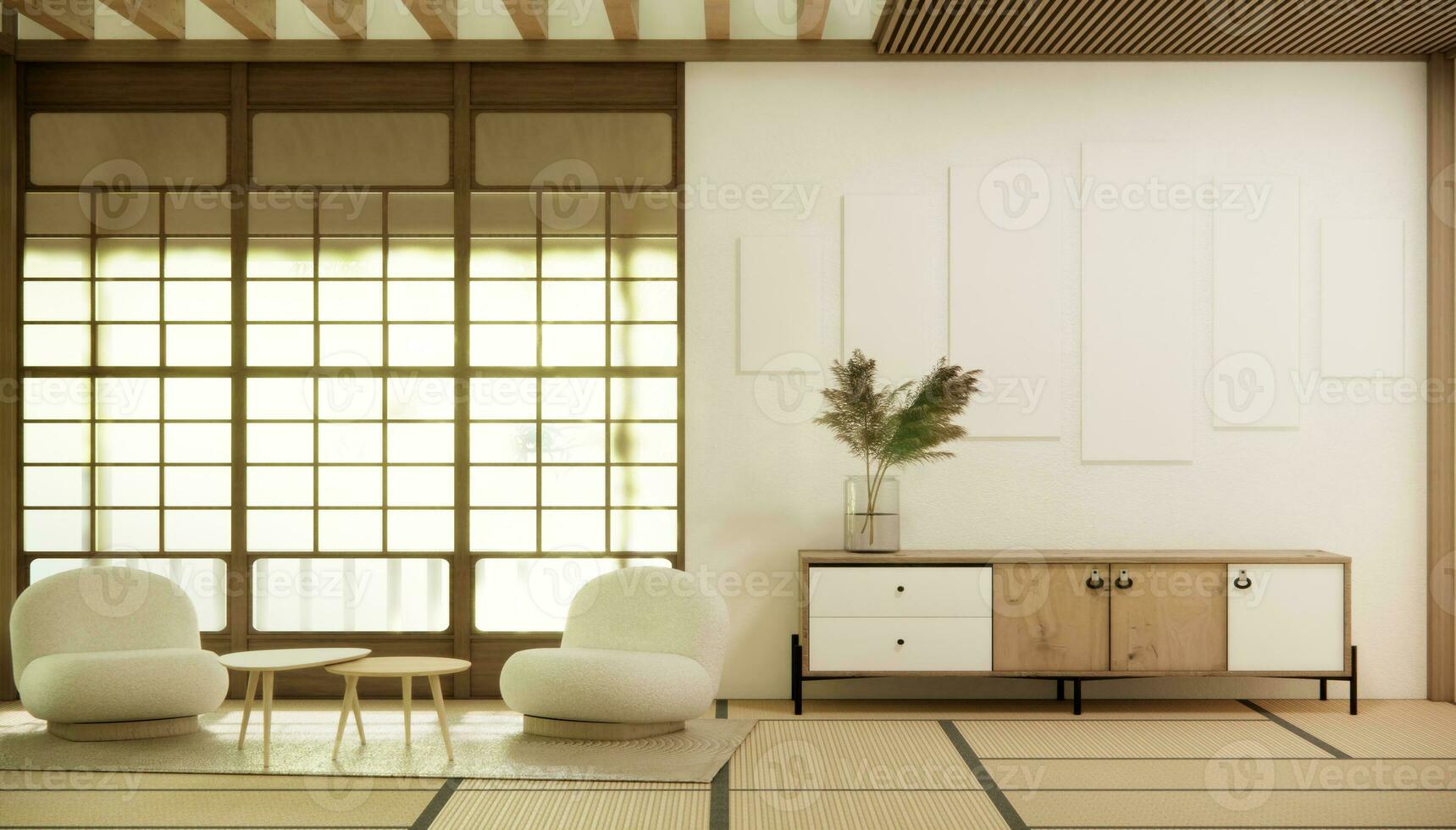 moderno Japón estilo y decorado con televisión gabinete en pared. foto