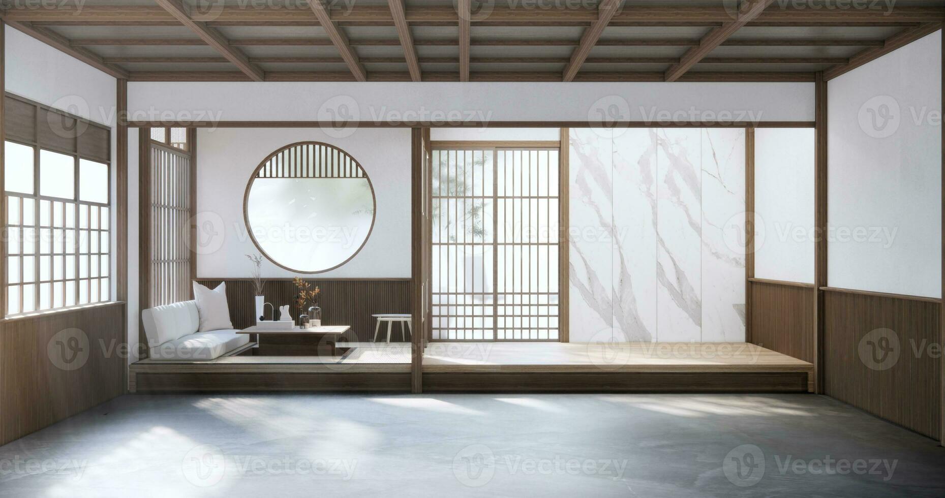 Japan style empty room decorated with floor and wall wooden . photo