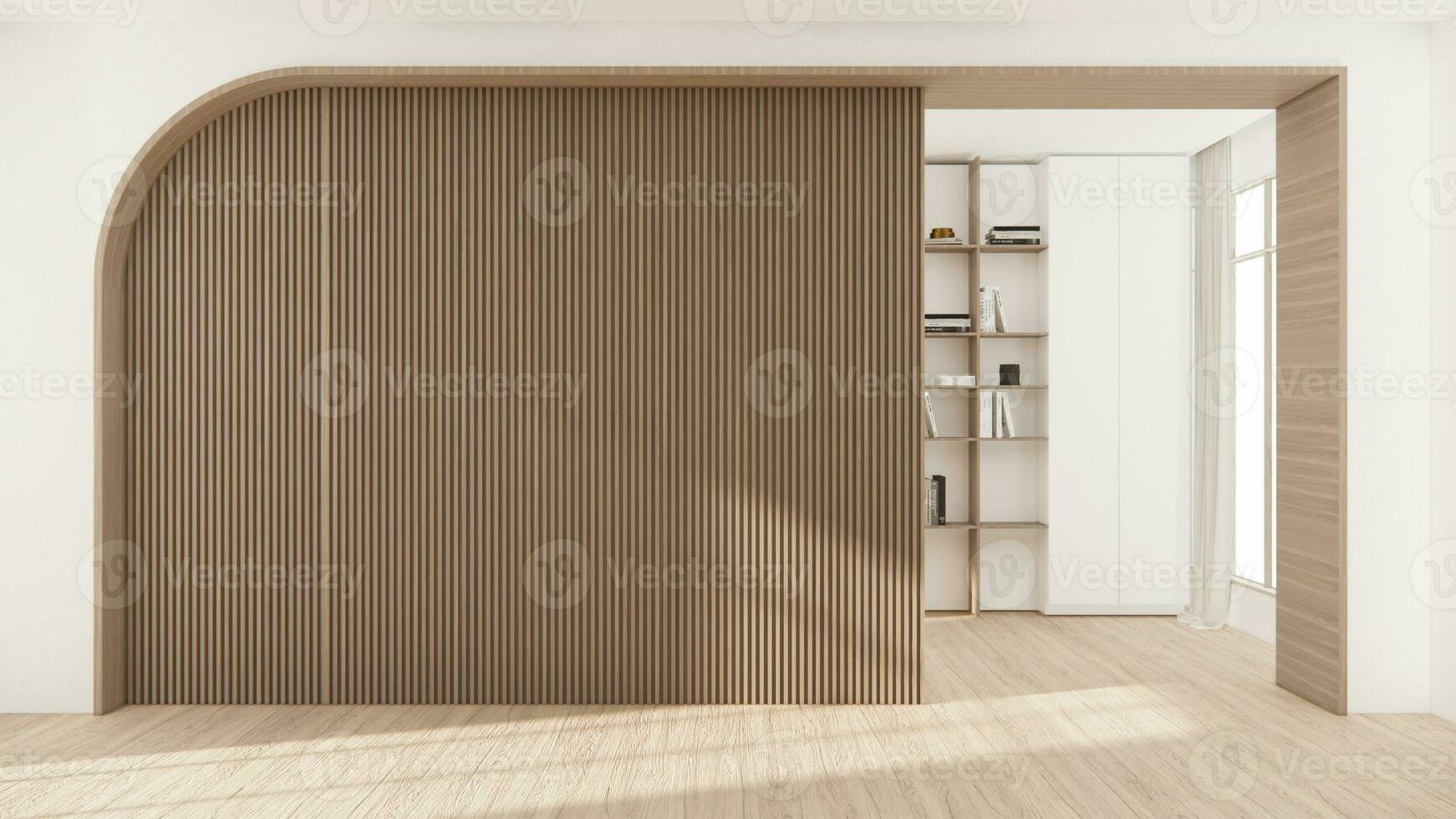 Architecture and interior concept Empty room and wood panels wall background 3D illustration rendering photo