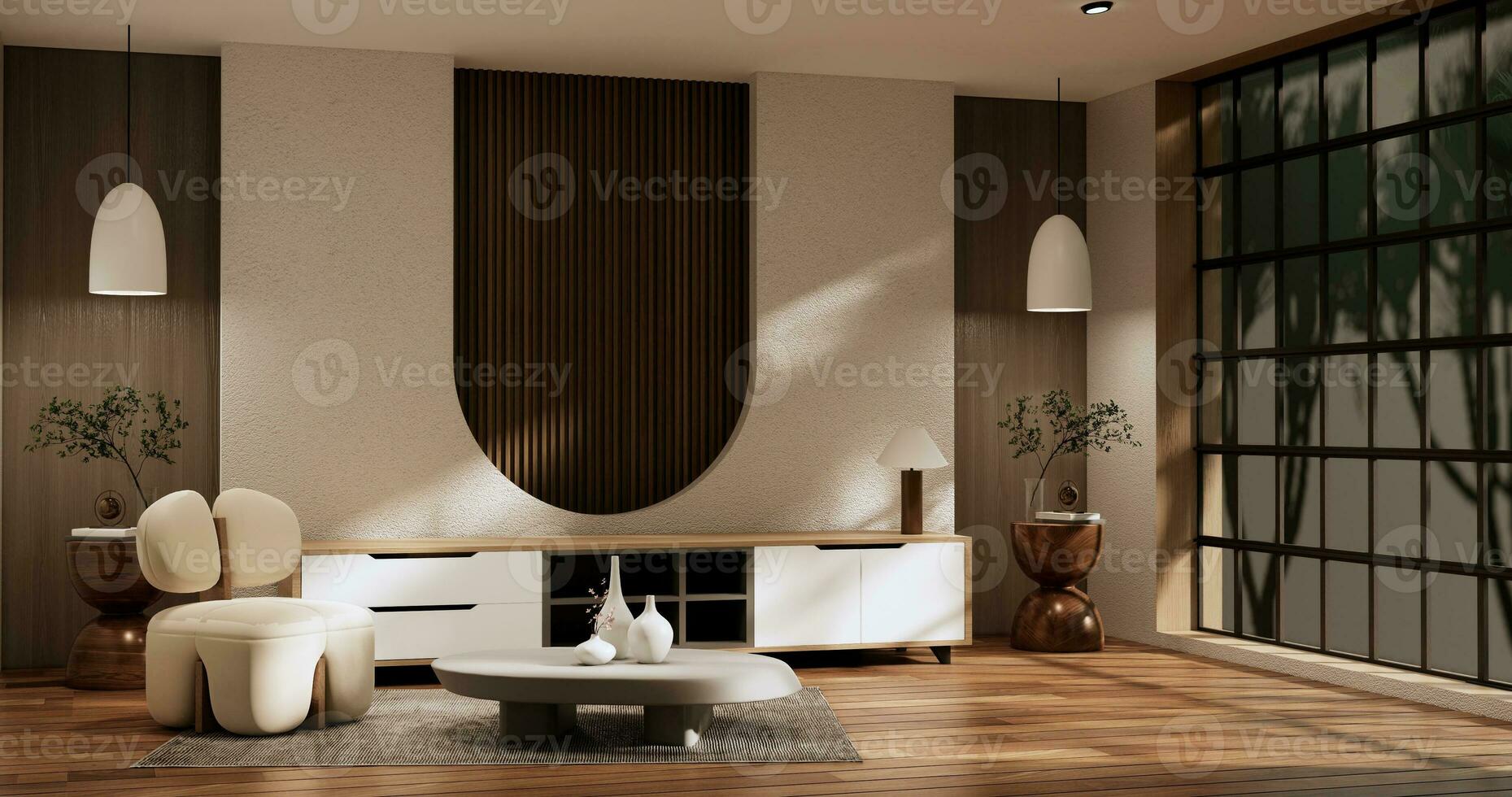 Cabinet room wooden interior wabisabi style.3D rendering photo