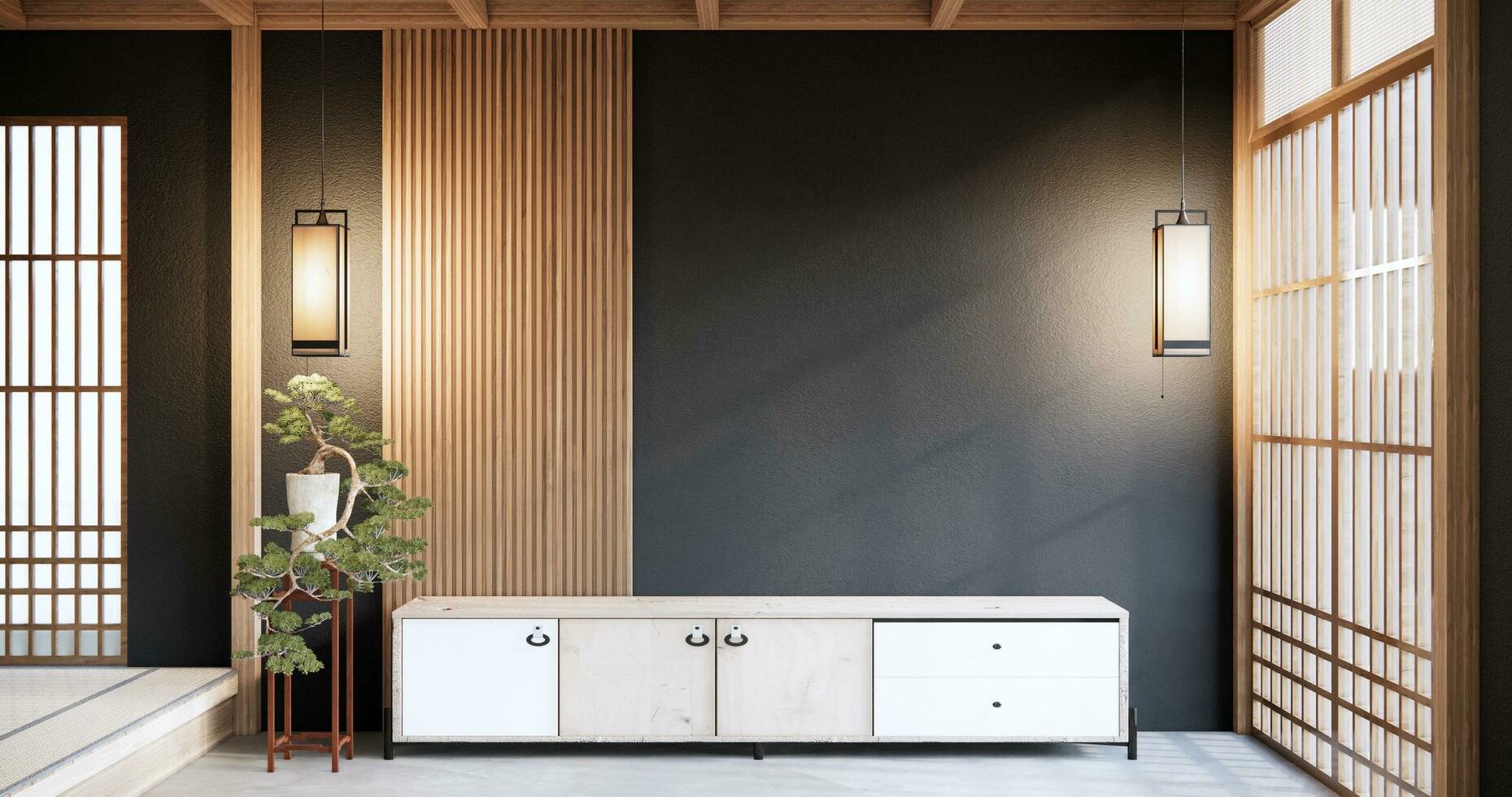 Japandi style living empty room with decorated minimalist and tv cabinet. photo