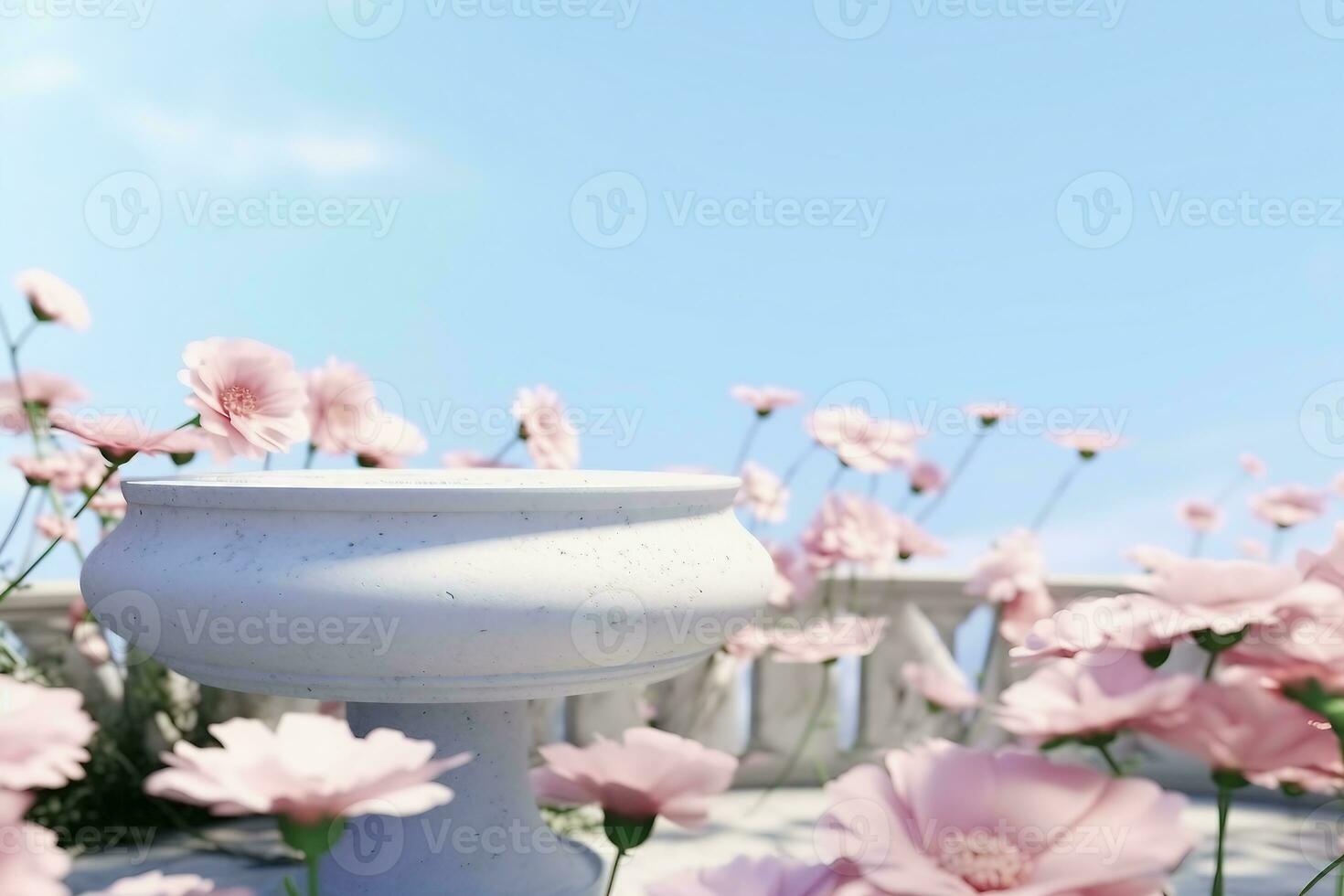 Natural beauty podium backdrop with spring rose flower field scene. 3d rendering. generative ai. photo