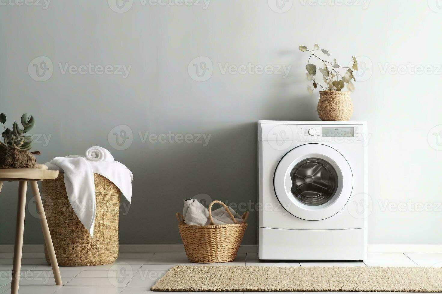 Modern washing machine and laundry basket near white wall indoors, space for text. Bathroom interior. generative ai. photo