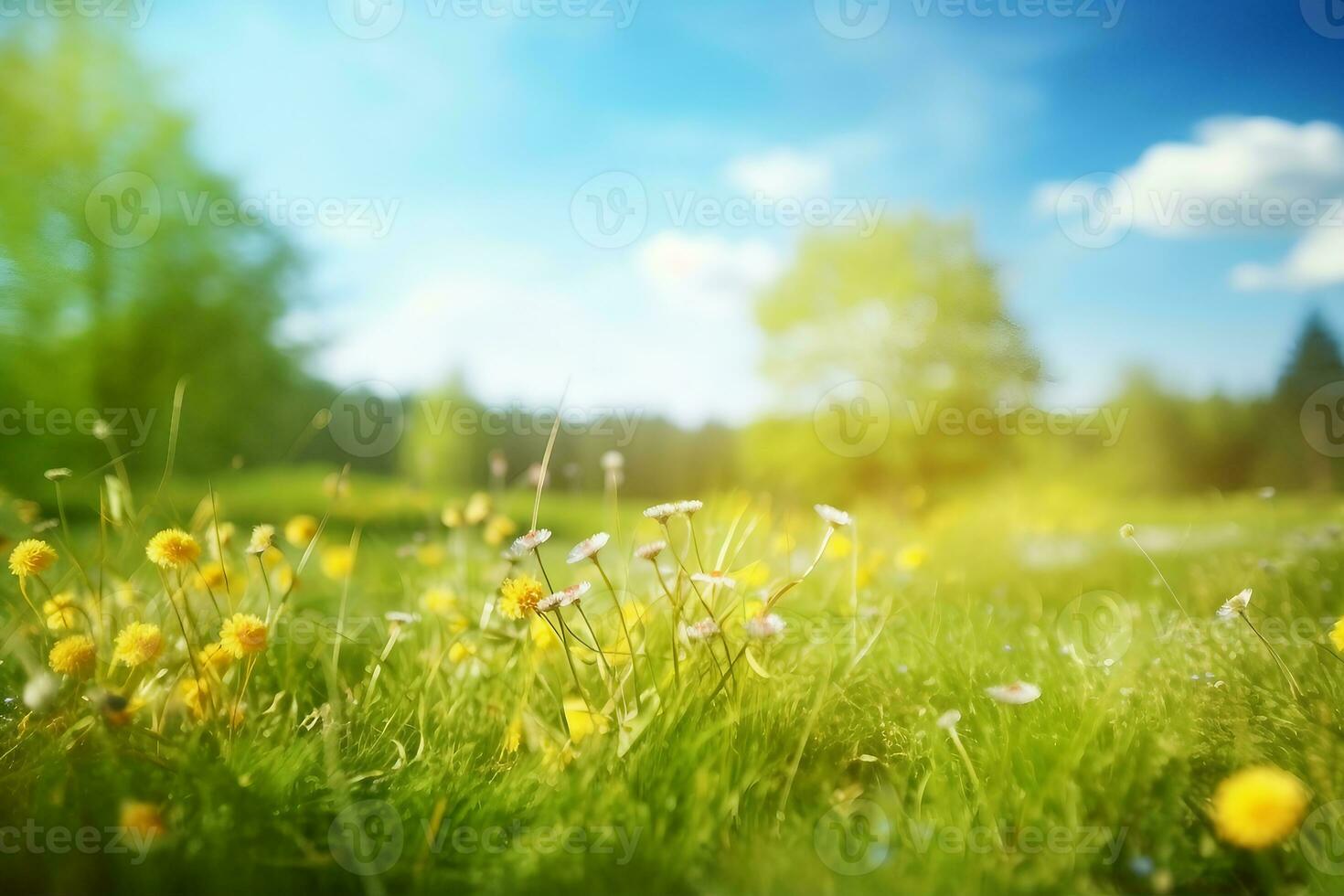 Beautiful meadow field with fresh grass and yellow dandelion flowers in nature against a blurry blue sky with clouds. Summer spring perfect natural landscape. generative ai. photo