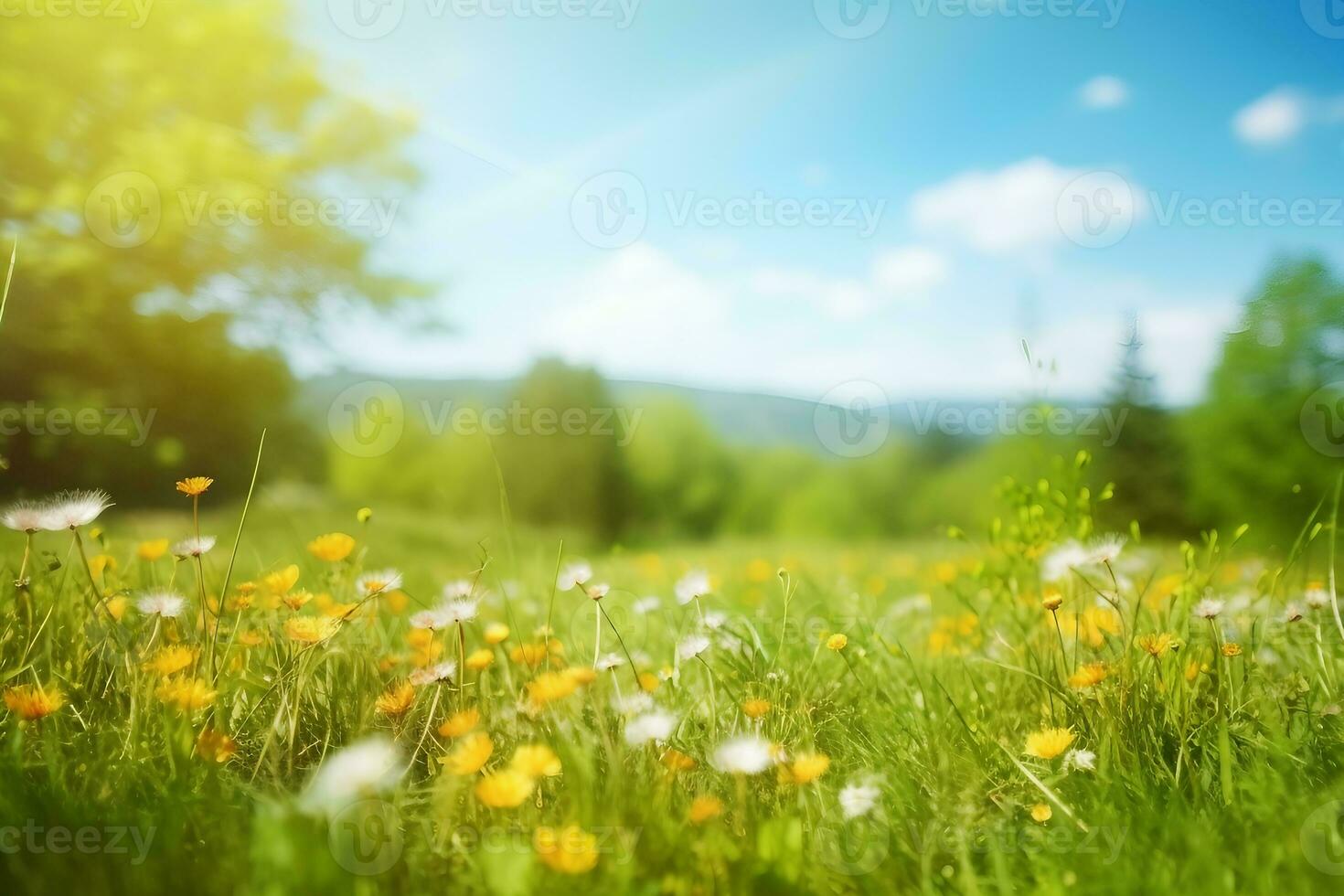 Beautiful meadow field with fresh grass and yellow dandelion flowers in nature against a blurry blue sky with clouds. Summer spring perfect natural landscape. generative ai. photo