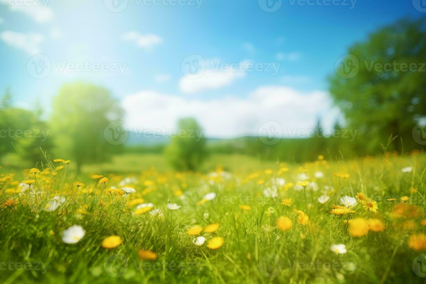 Beautiful meadow field with fresh grass and yellow dandelion flowers in nature against a blurry blue sky with clouds. Summer spring perfect natural landscape. generative ai. photo