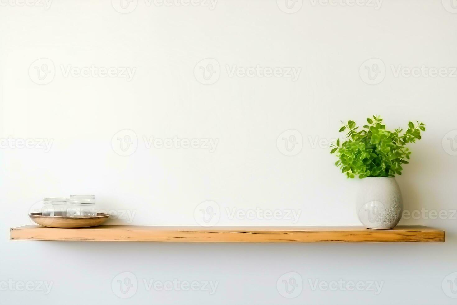 interior design, wooden shelf on white wall with green plant. generative ai. photo