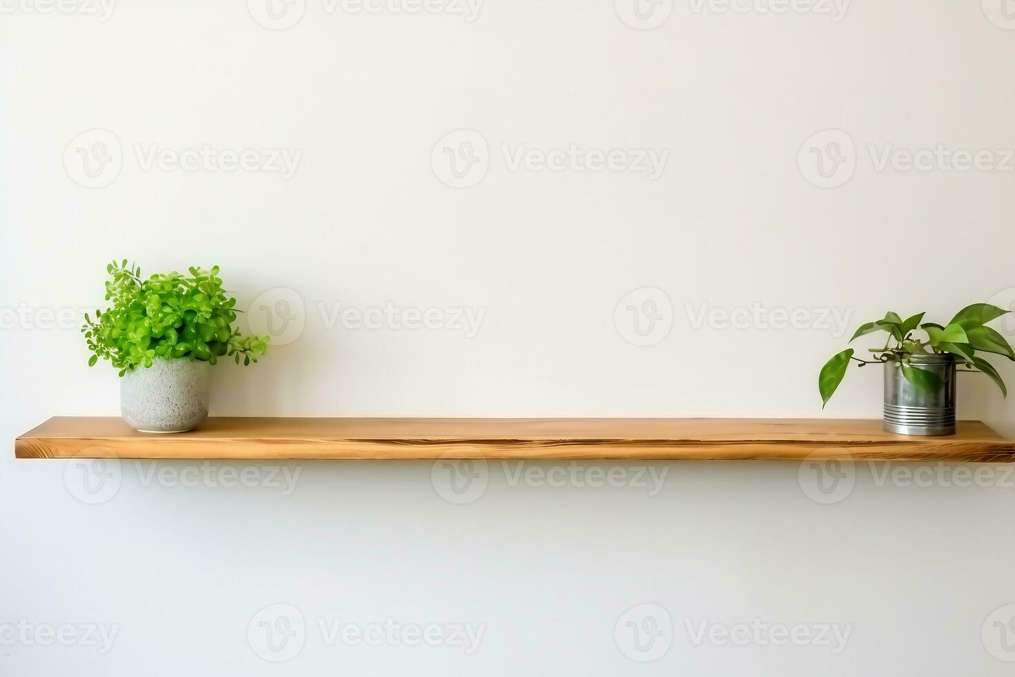 interior design, wooden shelf on white wall with green plant. generative ai. photo