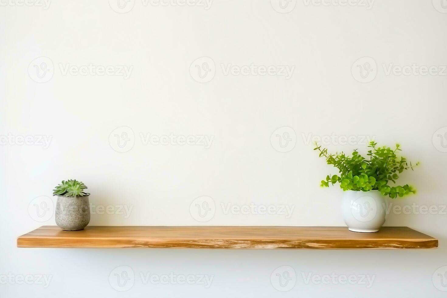 interior design, wooden shelf on white wall with green plant. generative ai. photo