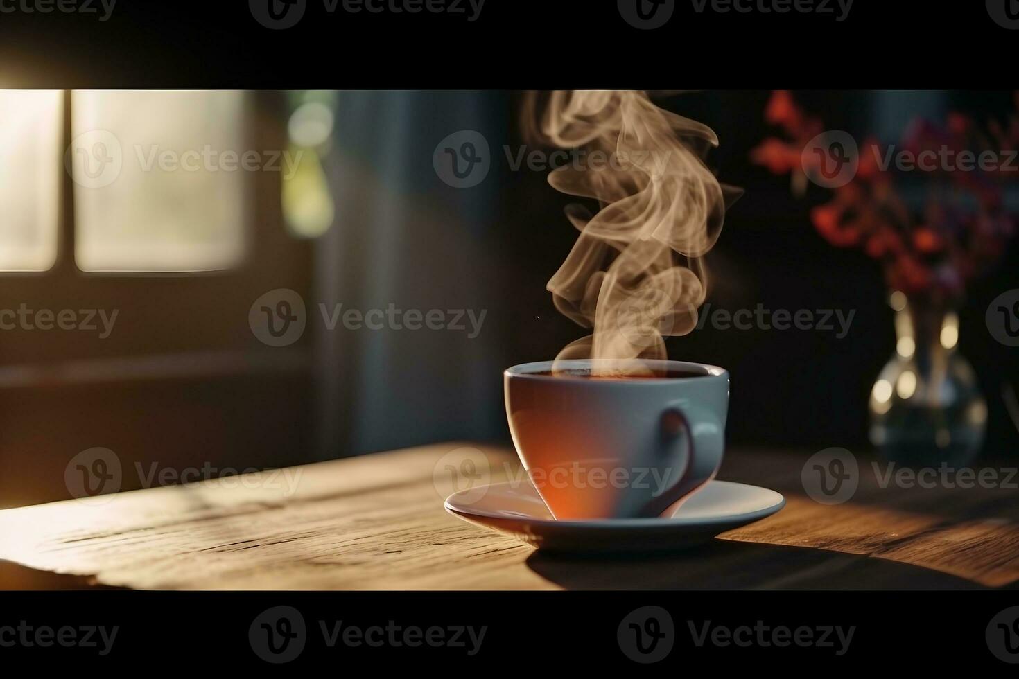 coffee on a wooden table , morning routine. Tiny house. First property. Small apartment interior design. Minimalism. Moving in. Living alone. Charming trailer house. generative ai. photo