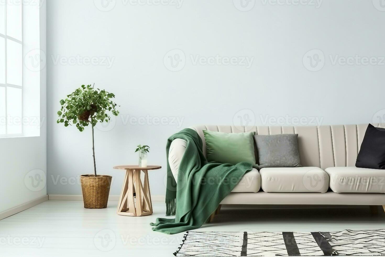 Beige sofa with green blanket and cushions standing against white, empty wall in minimalistic living room. generative ai. photo