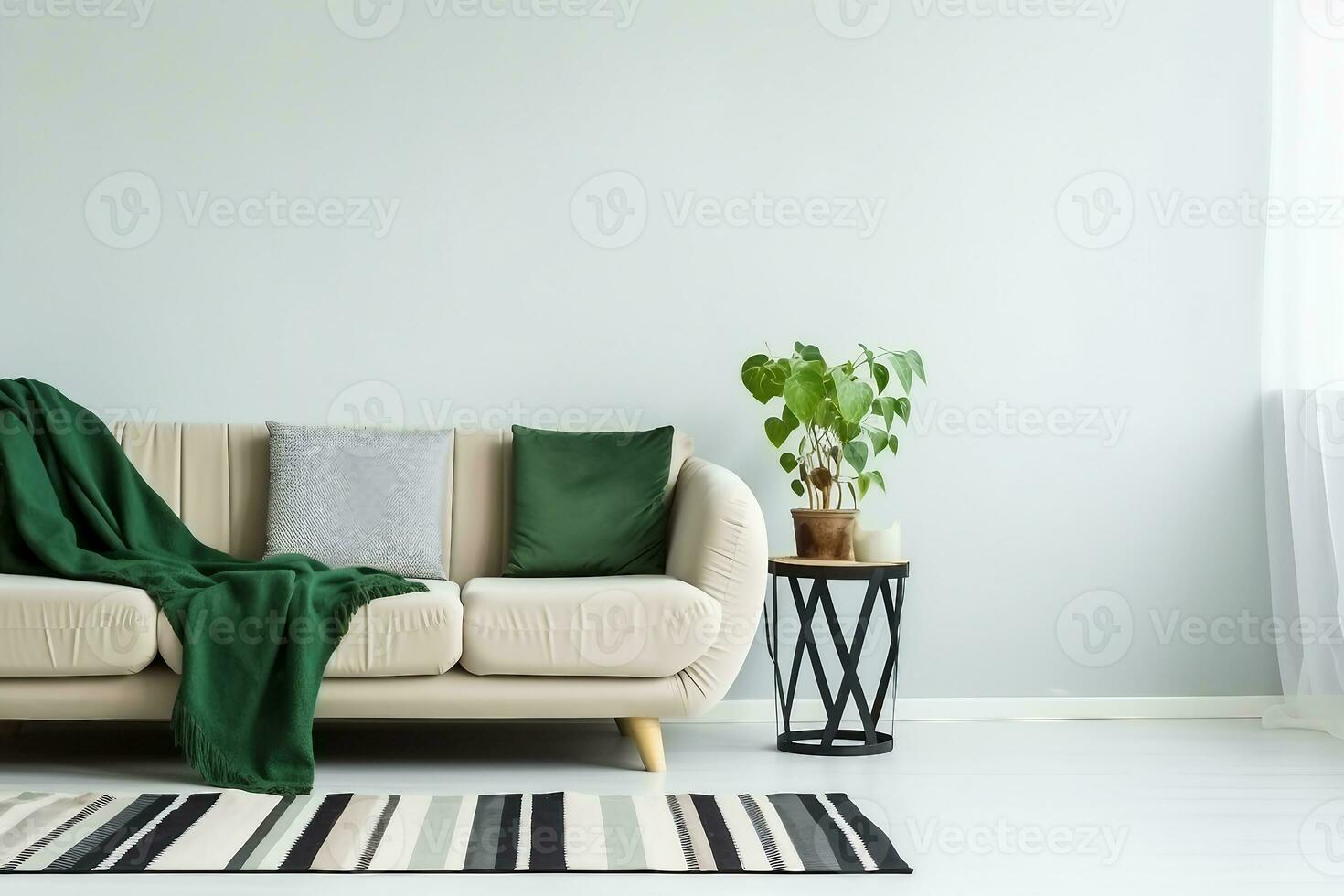 Beige sofa with green blanket and cushions standing against white, empty wall in minimalistic living room. generative ai. photo