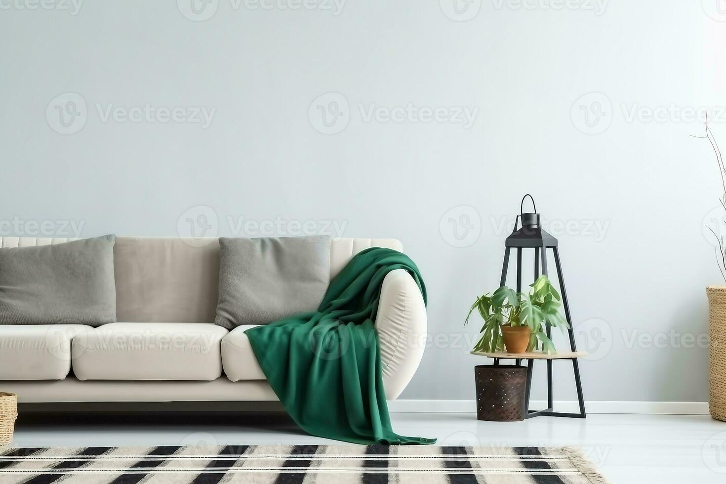 Beige sofa with green blanket and cushions standing against white, empty wall in minimalistic living room. generative ai. photo