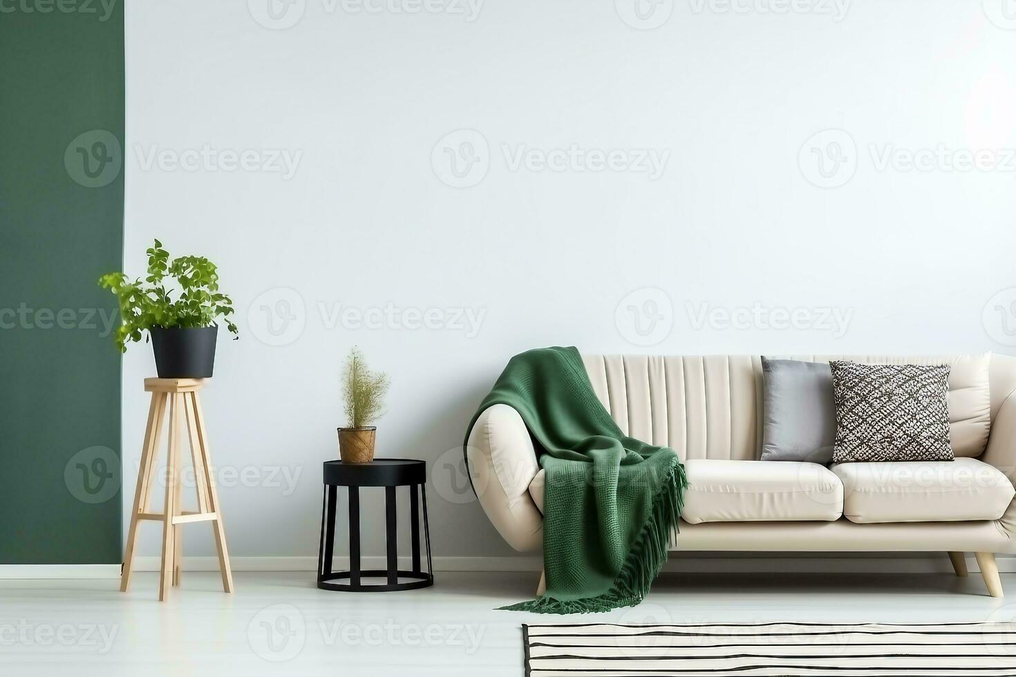 Beige sofa with green blanket and cushions standing against white, empty wall in minimalistic living room. generative ai. photo