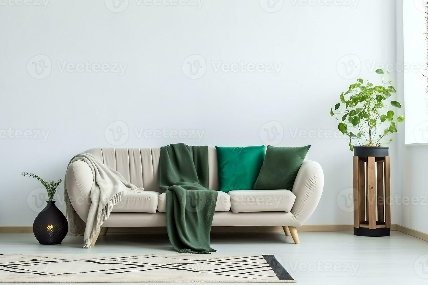 Beige sofa with green blanket and cushions standing against white, empty wall in minimalistic living room. generative ai. photo