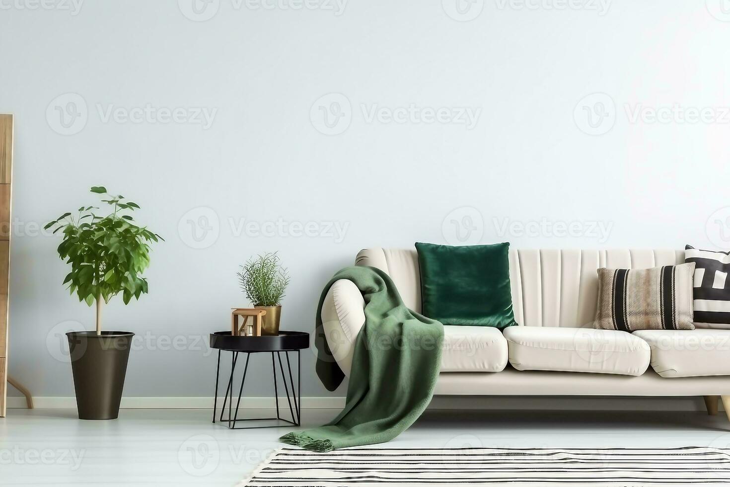 Beige sofa with green blanket and cushions standing against white, empty wall in minimalistic living room. generative ai. photo