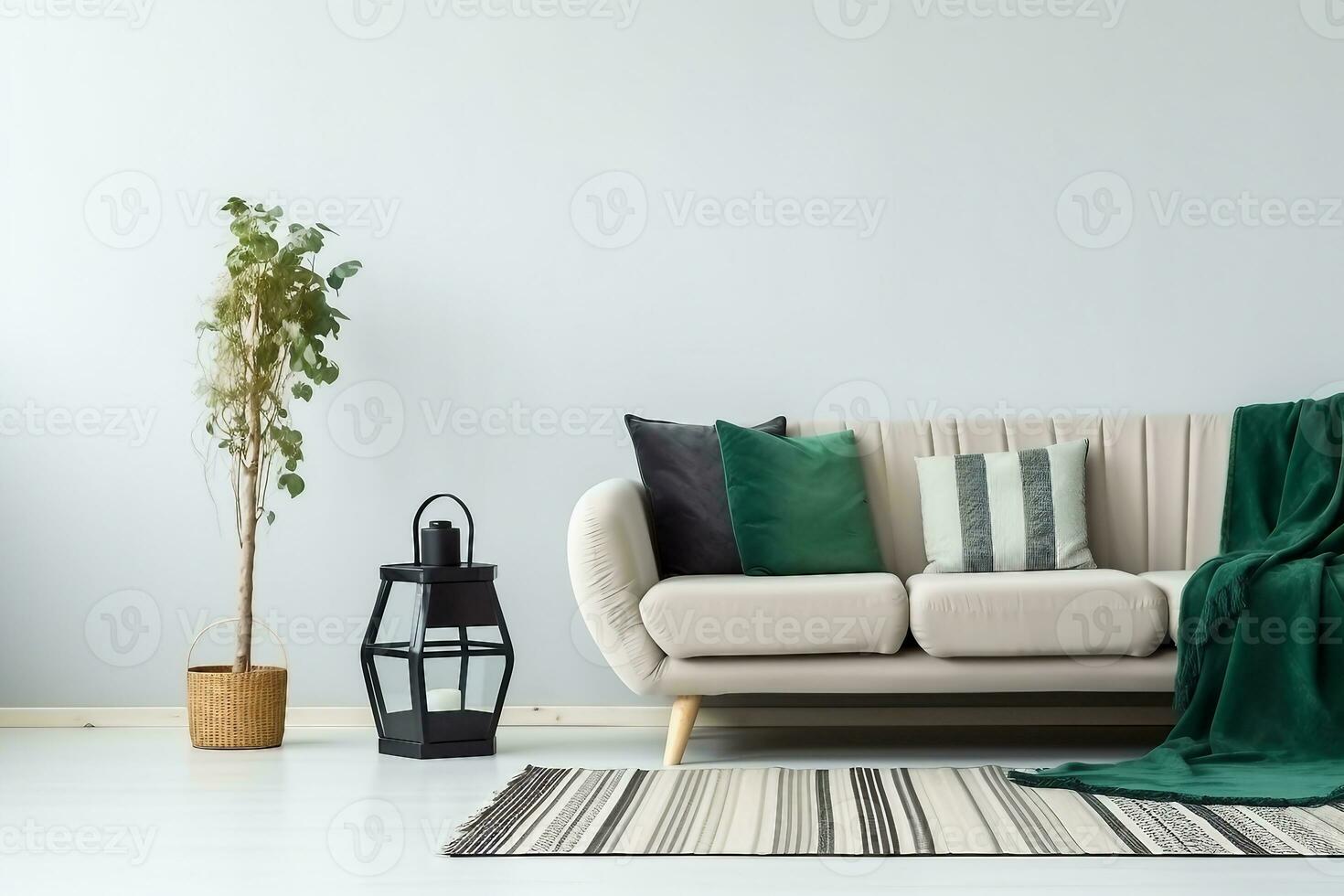 Beige sofa with green blanket and cushions standing against white, empty wall in minimalistic living room. generative ai. photo