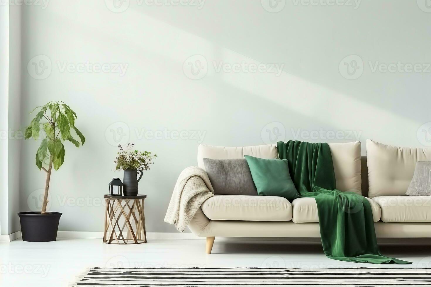 Beige sofa with green blanket and cushions standing against white, empty wall in minimalistic living room. generative ai. photo