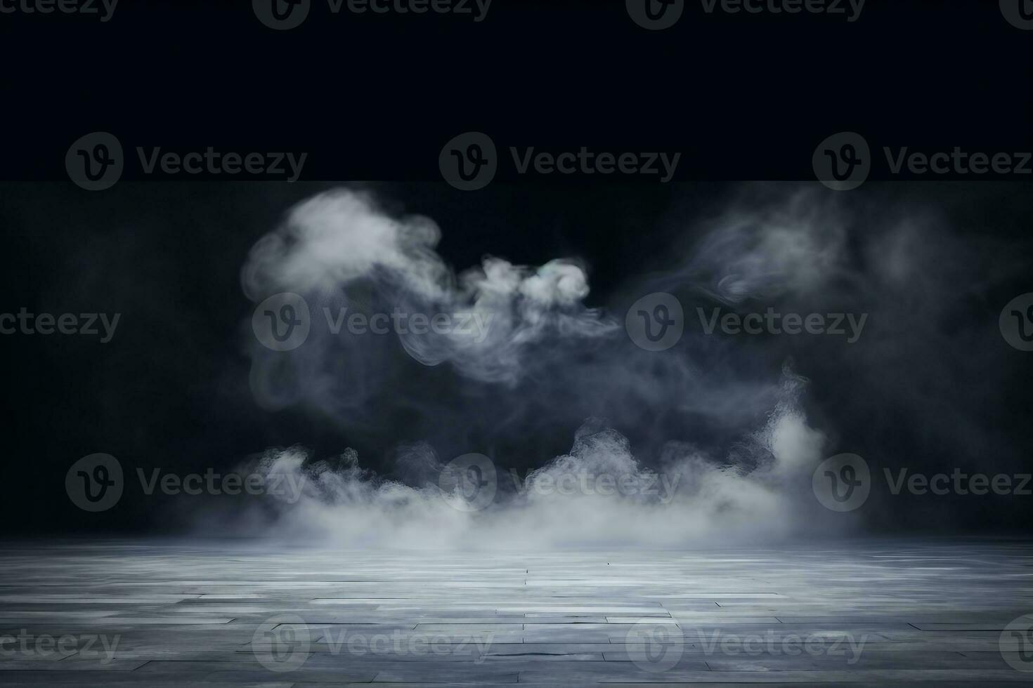 Gray textured concrete platform, podium or table with smoke in the dark. generative ai. photo