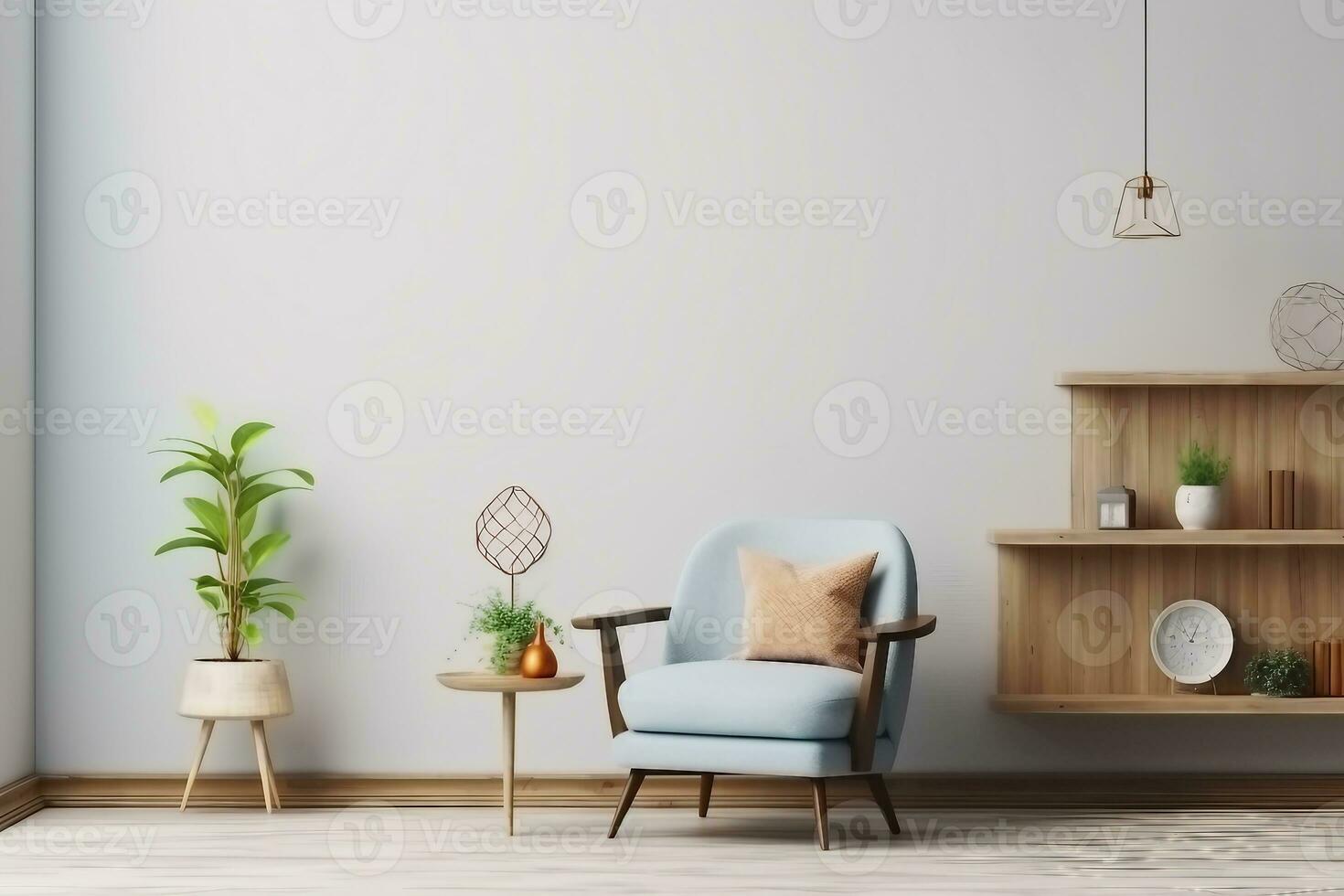 Interior mock up living room with wooden table and armchair, 3d rendering. generative ai. photo