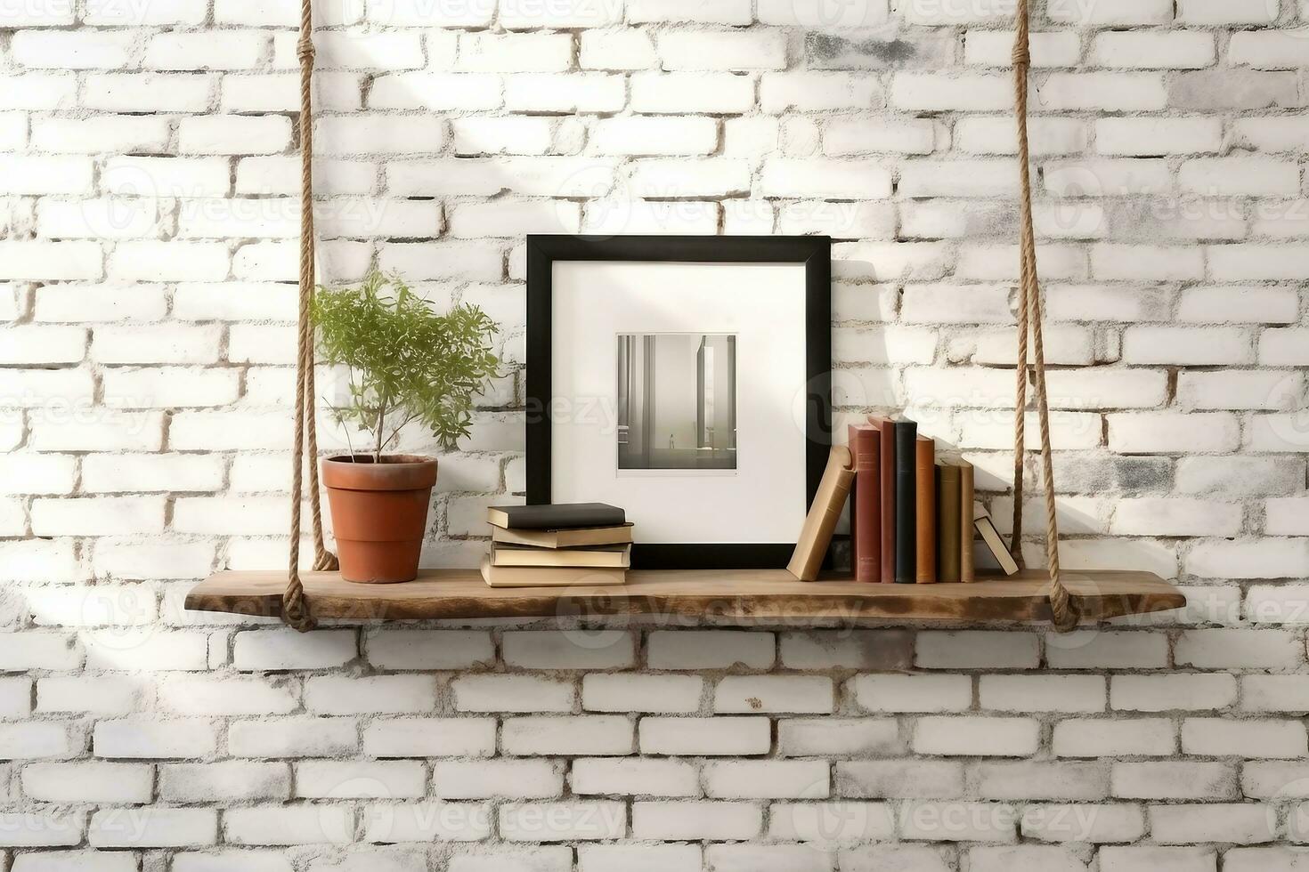 brick wall drift wood shelves and frame concept decor. generative ai. photo