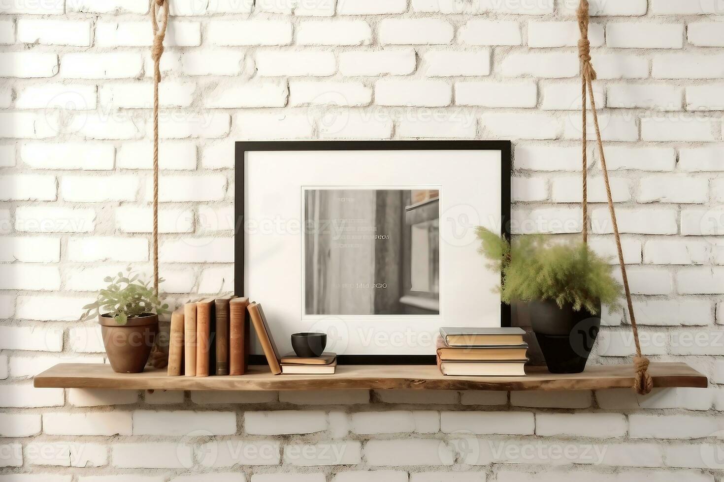 brick wall drift wood shelves and frame concept decor. generative ai. photo