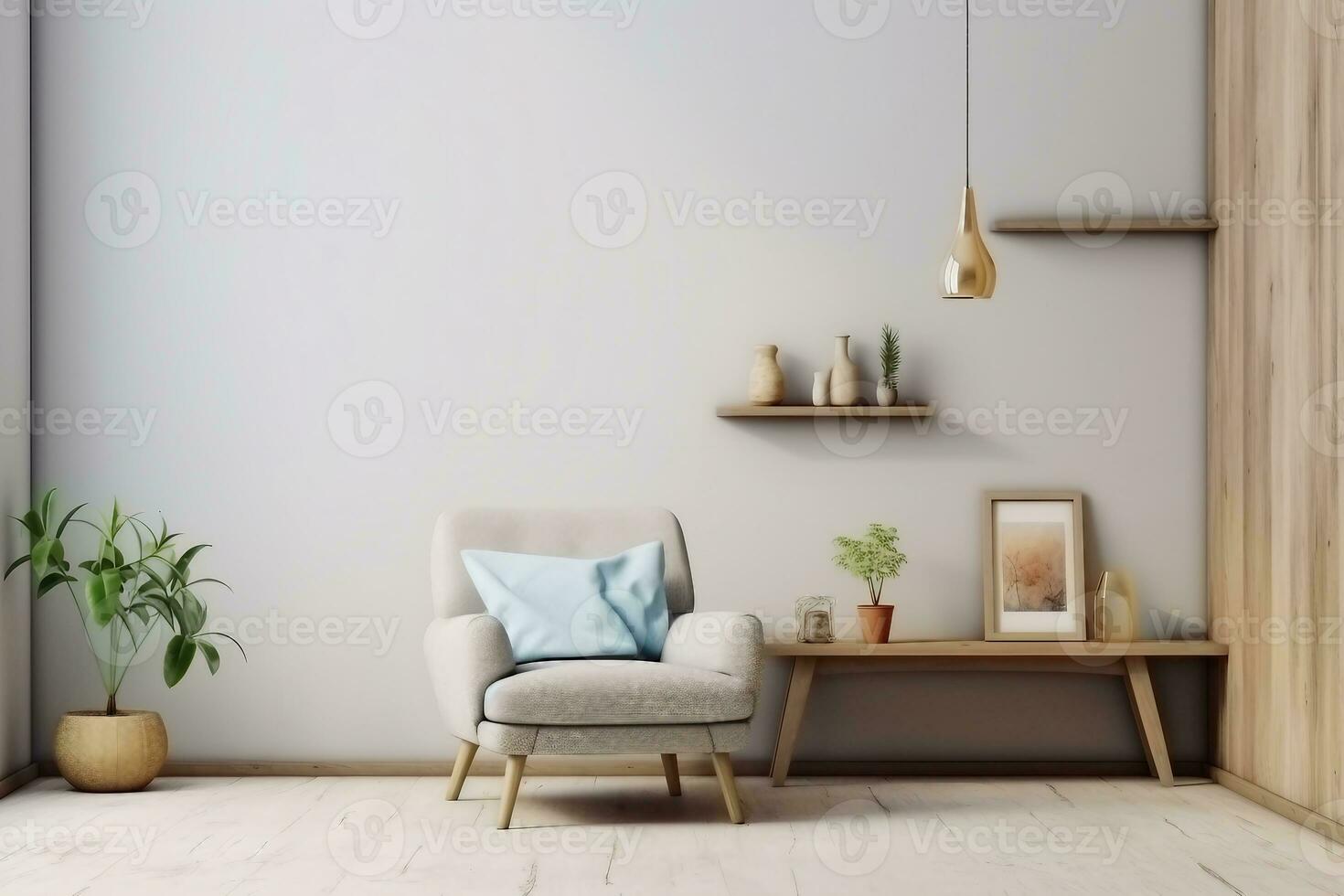 Interior mock up living room with wooden table and armchair, 3d rendering. generative ai. photo