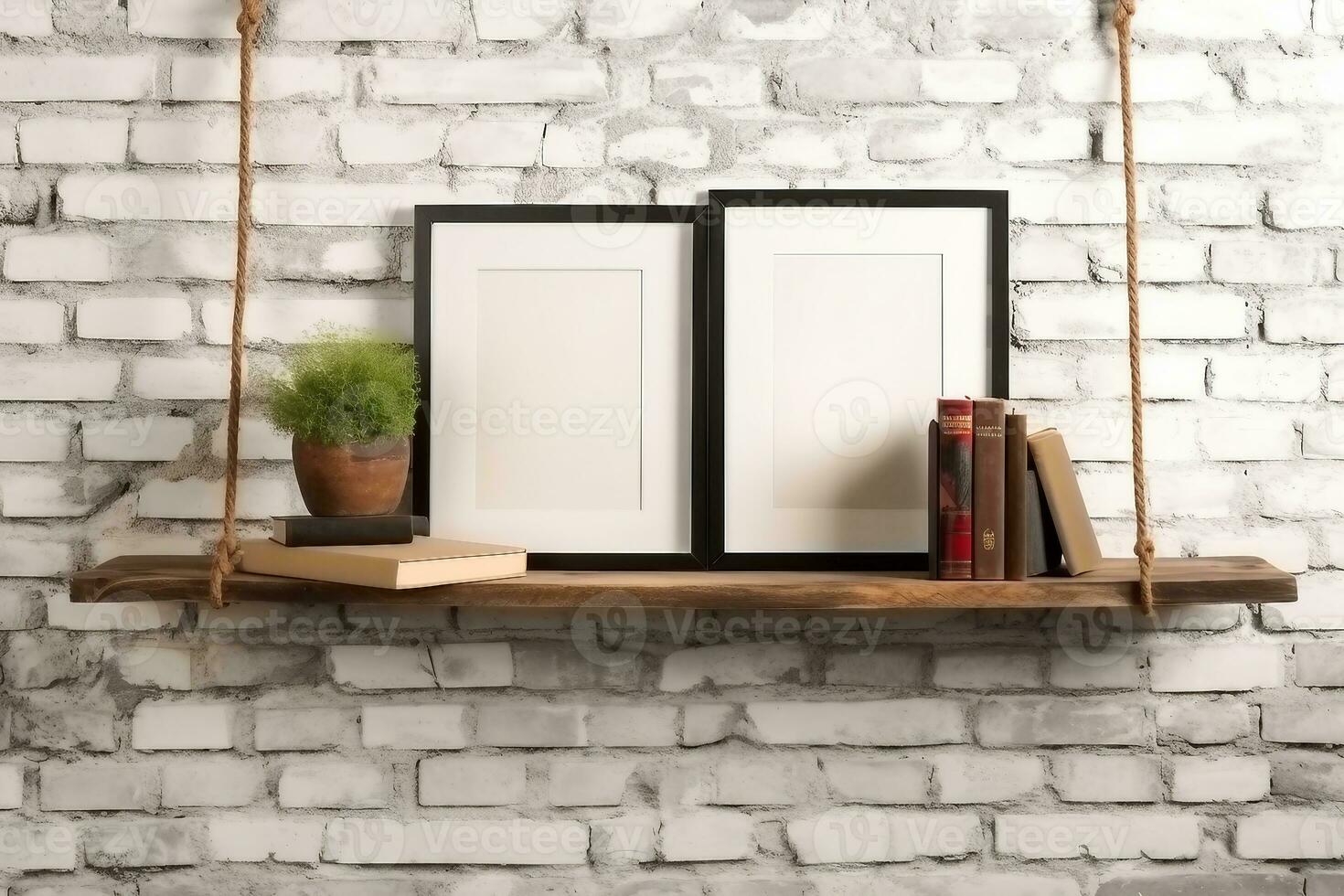 brick wall drift wood shelves and frame concept decor. generative ai. photo