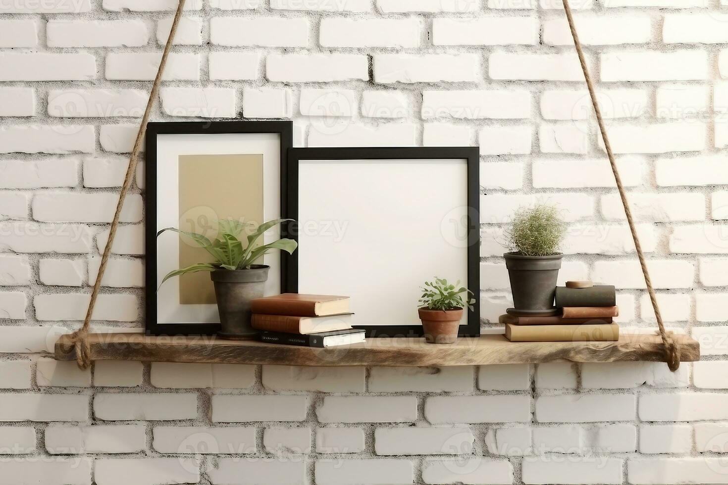 brick wall drift wood shelves and frame concept decor. generative ai. photo