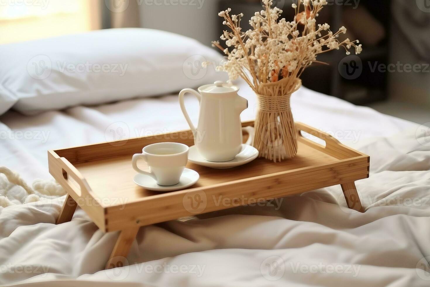 de madera bandeja con café y interior decoración en el cama con blanco  lino. generativo ai. 31156526 Foto de stock en Vecteezy