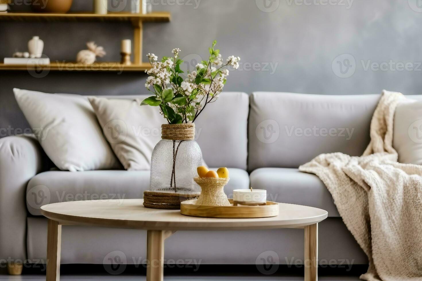 Scandinavian living room interior with design grey sofa, wooden coffee table, plants, shelf, spring flowers in vase, decoration and elegant personal accessories at home decor. generative ai. photo