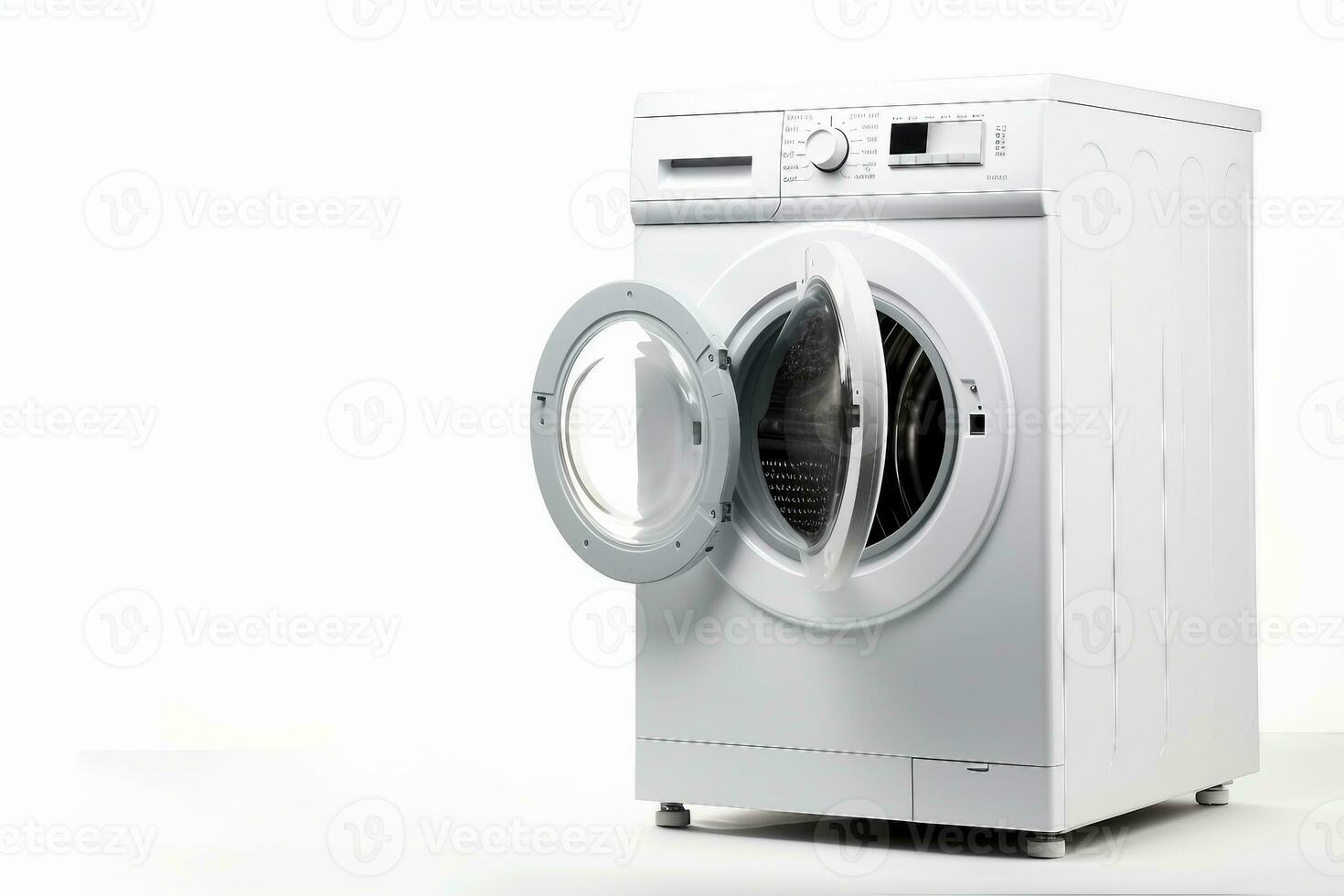 White Front Load Washing Machine Isolated on White Background. Modern Washer with Electronic Control Panel. Side View of Household and Domestic Major Appliance. Home Innovation. generative ai. photo