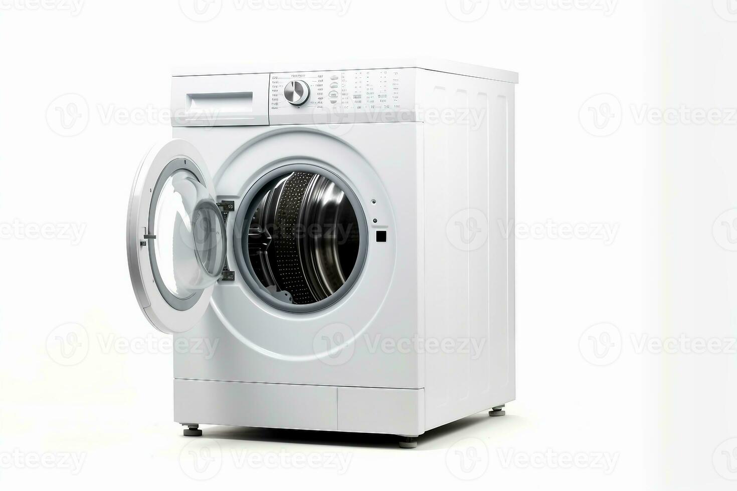 White Front Load Washing Machine Isolated on White Background. Modern Washer with Electronic Control Panel. Side View of Household and Domestic Major Appliance. Home Innovation. generative ai. photo