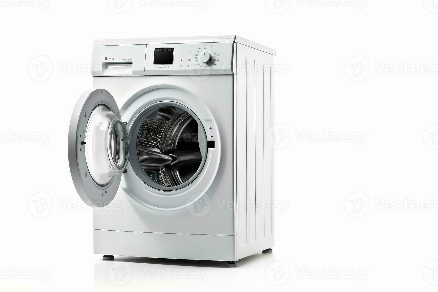 White Front Load Washing Machine Isolated on White Background. Modern Washer with Electronic Control Panel. Side View of Household and Domestic Major Appliance. Home Innovation. generative ai. photo